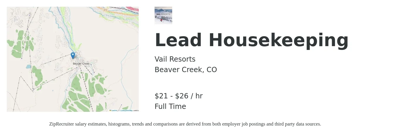 Vail Resorts job posting for a Lead Housekeeping in Beaver Creek, CO with a salary of $22 to $27 Hourly with a map of Beaver Creek location.
