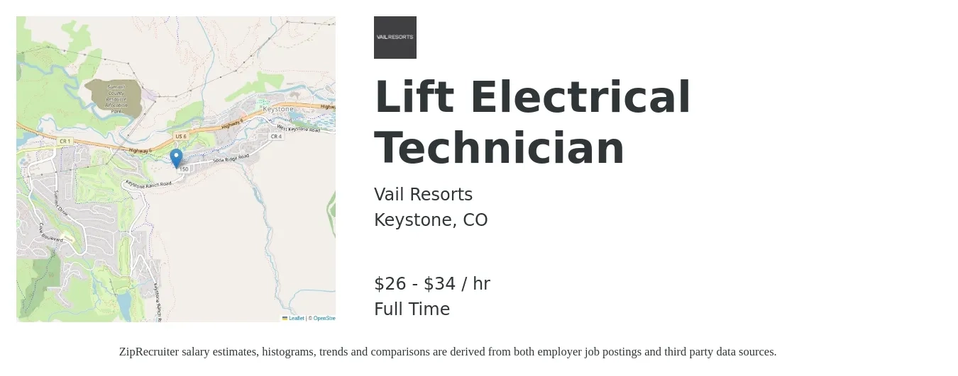 Vail Resorts job posting for a Lift Electrical Technician in Keystone, CO with a salary of $28 to $36 Hourly with a map of Keystone location.