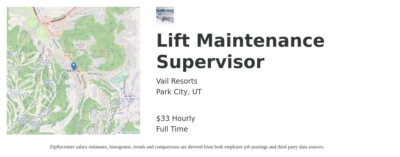 Vail Resorts job posting for a Lift Maintenance Supervisor in Park City, UT with a salary of $35 Hourly with a map of Park City location.