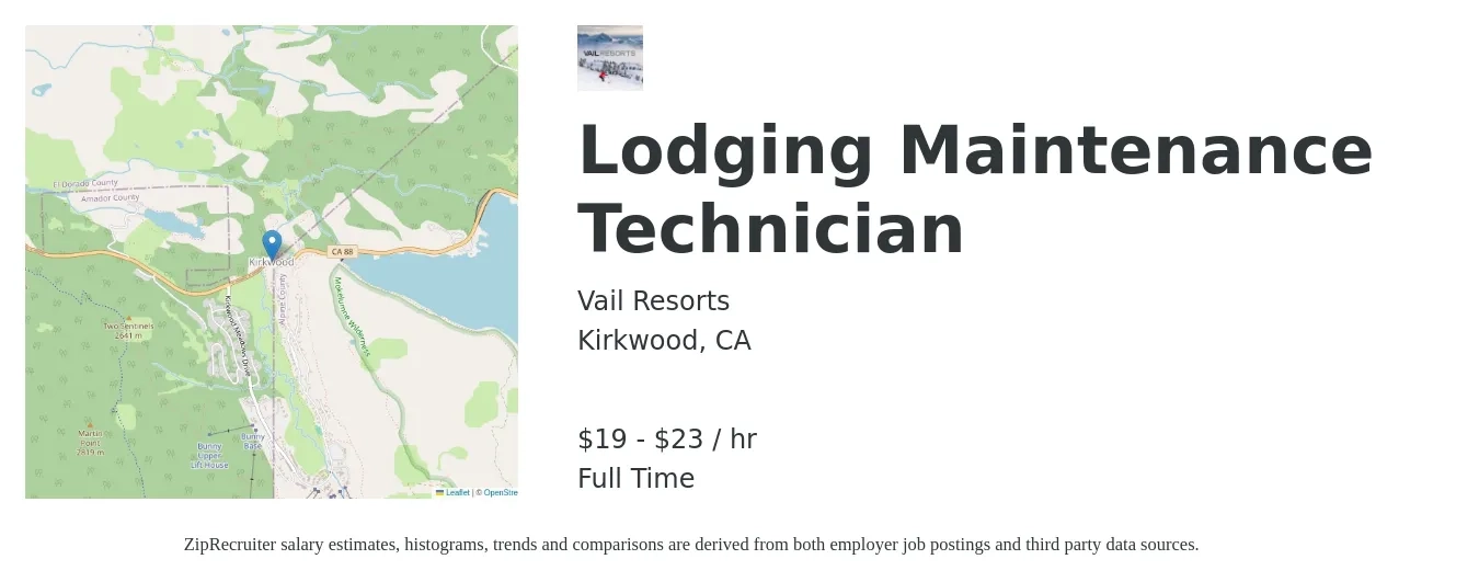 Vail Resorts job posting for a Lodging Maintenance Technician in Kirkwood, CA with a salary of $20 to $24 Hourly with a map of Kirkwood location.