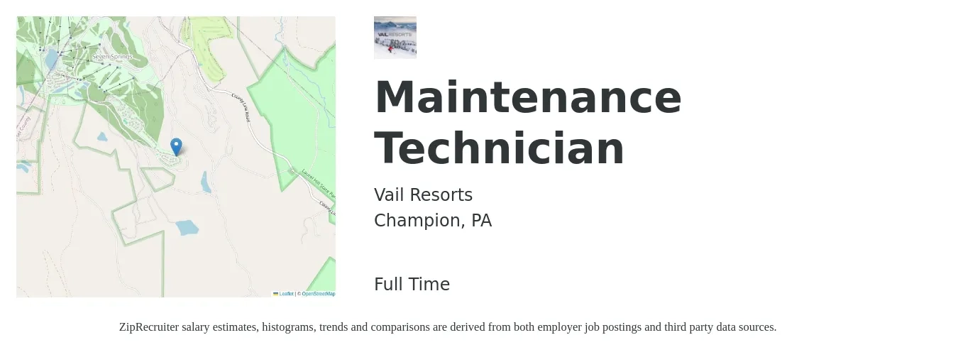 Vail Resorts job posting for a Maintenance Technician in Champion, PA with a salary of $21 to $23 Hourly with a map of Champion location.