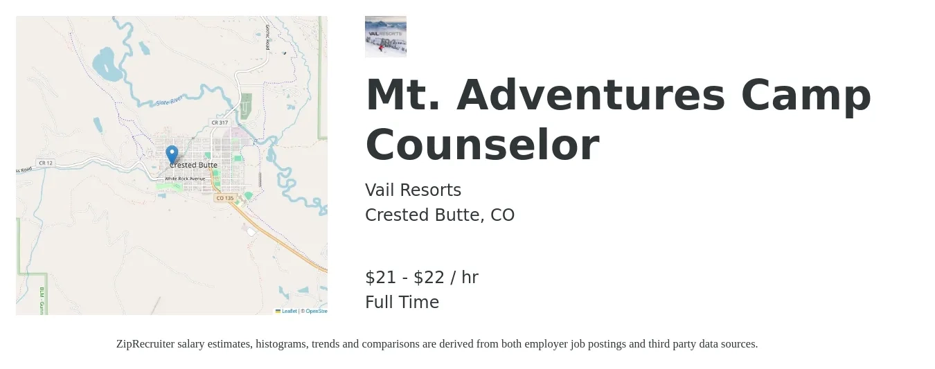 Vail Resorts job posting for a Mt. Adventures Camp Counselor in Crested Butte, CO with a salary of $22 to $24 Hourly with a map of Crested Butte location.
