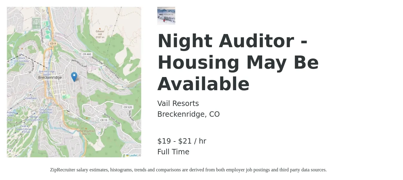 Vail Resorts job posting for a Night Auditor - Housing May Be Available in Breckenridge, CO with a salary of $20 to $23 Hourly with a map of Breckenridge location.