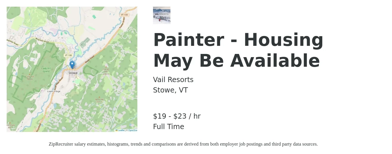 Vail Resorts job posting for a Painter - Housing May Be Available in Stowe, VT with a salary of $20 to $24 Hourly with a map of Stowe location.