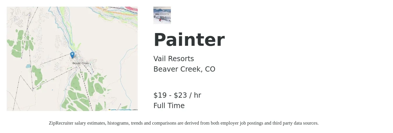 Vail Resorts job posting for a Painter in Beaver Creek, CO with a salary of $20 to $24 Hourly with a map of Beaver Creek location.