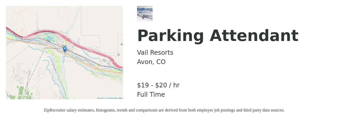 Vail Resorts job posting for a Parking Attendant in Avon, CO with a salary of $20 to $21 Hourly with a map of Avon location.