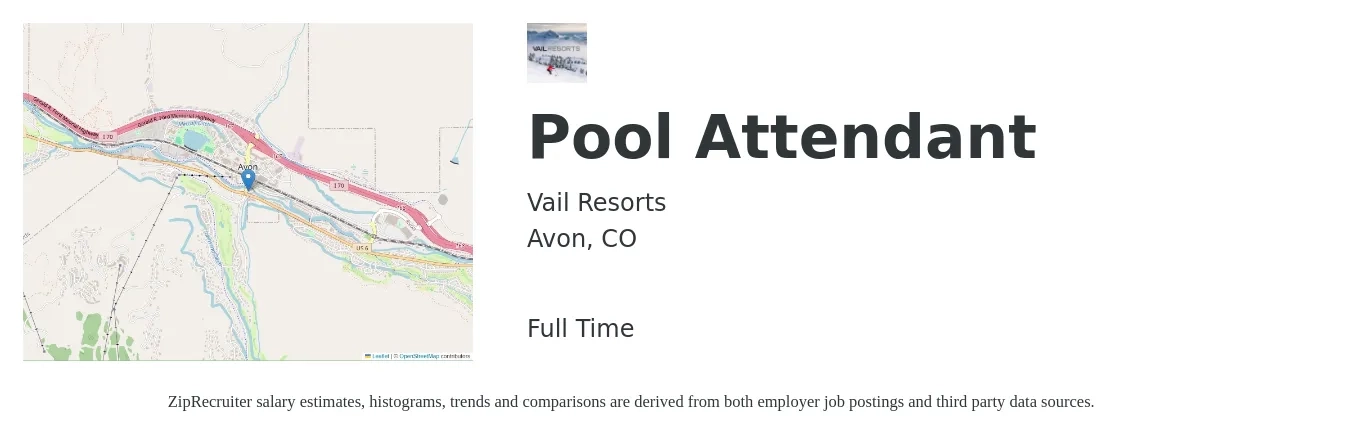 Vail Resorts job posting for a Pool Attendant in Avon, CO with a salary of $20 to $21 Hourly with a map of Avon location.
