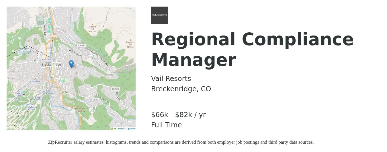 Vail Resorts job posting for a Regional Compliance Manager in Breckenridge, CO with a salary of $66,100 to $82,345 Yearly with a map of Breckenridge location.