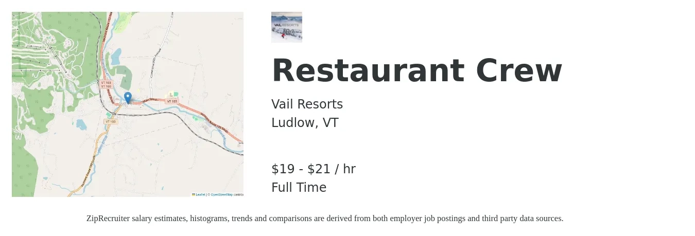 Vail Resorts job posting for a Restaurant Crew in Ludlow, VT with a salary of $20 to $22 Hourly with a map of Ludlow location.
