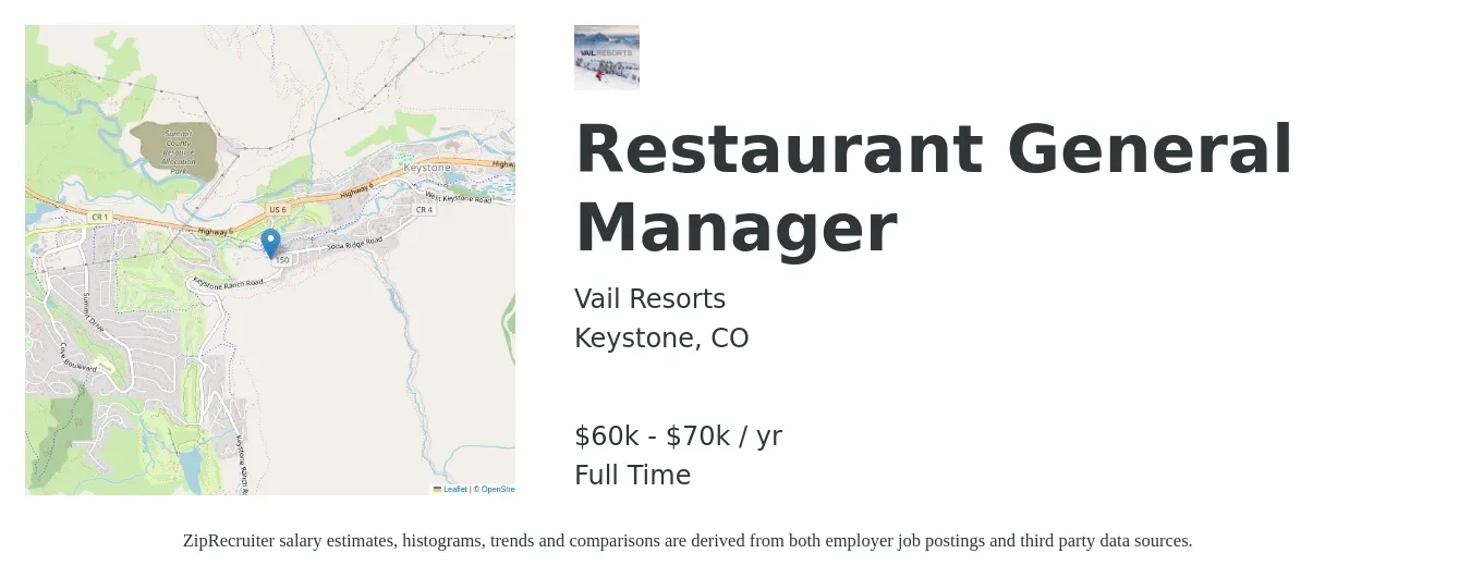 Vail Resorts job posting for a Restaurant General Manager in Keystone, CO with a salary of $60,000 to $70,000 Yearly with a map of Keystone location.