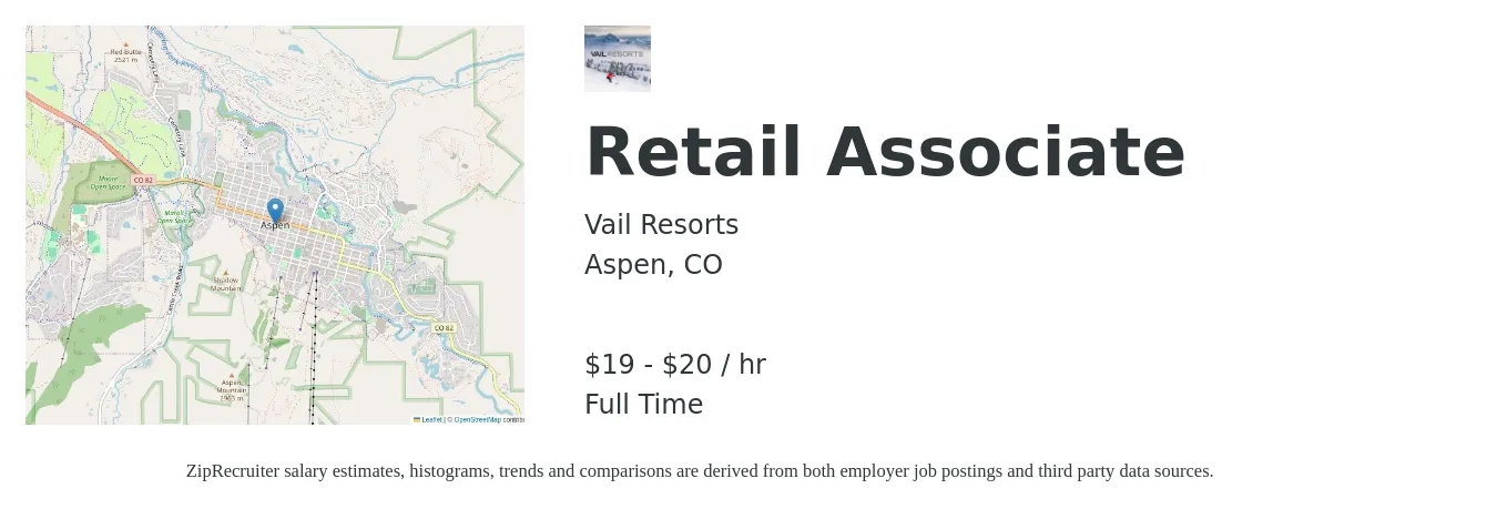 Vail Resorts job posting for a Retail Associate in Aspen, CO with a salary of $20 to $21 Hourly with a map of Aspen location.