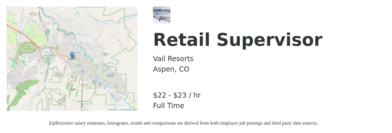 Vail Resorts job posting for a Retail Supervisor in Aspen, CO with a salary of $23 to $24 Hourly with a map of Aspen location.