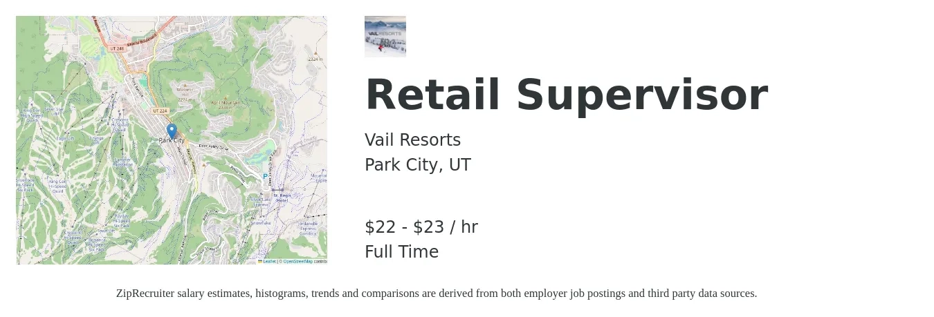 Vail Resorts job posting for a Retail Supervisor in Park City, UT with a salary of $22 to $24 Hourly with a map of Park City location.