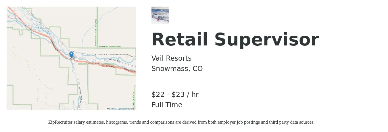 Vail Resorts job posting for a Retail Supervisor in Snowmass, CO with a salary of $23 to $24 Hourly with a map of Snowmass location.