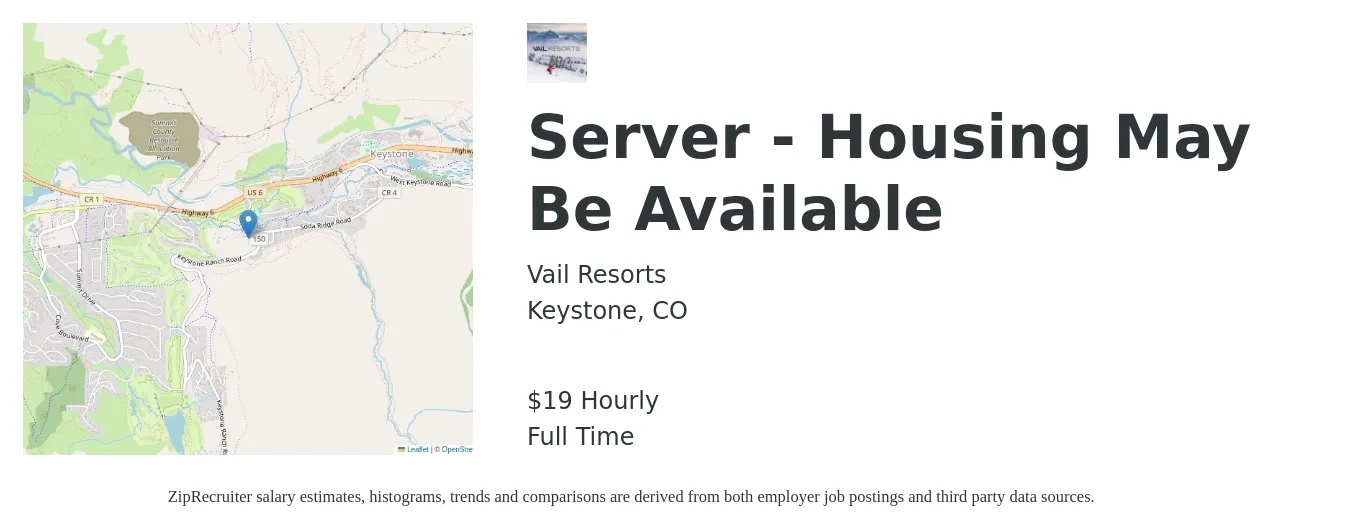 Vail Resorts job posting for a Server - Housing May Be Available in Keystone, CO with a salary of $20 Hourly with a map of Keystone location.