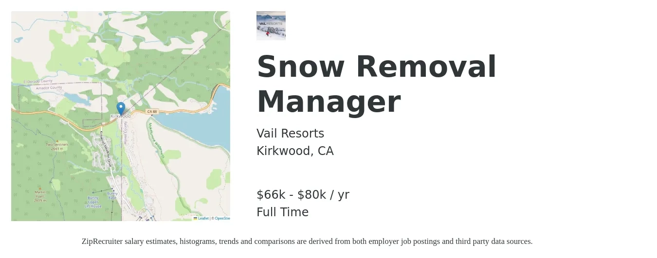 Vail Resorts job posting for a Snow Removal Manager in Kirkwood, CA with a salary of $66,560 to $80,710 Yearly with a map of Kirkwood location.