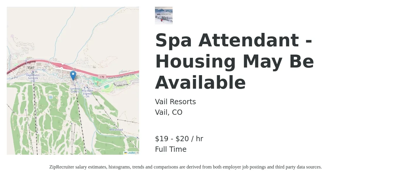Vail Resorts job posting for a Spa Attendant - Housing May Be Available in Vail, CO with a salary of $20 to $21 Hourly with a map of Vail location.