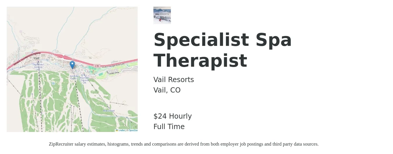 Vail Resorts job posting for a Specialist Spa Therapist in Vail, CO with a salary of $25 Hourly with a map of Vail location.