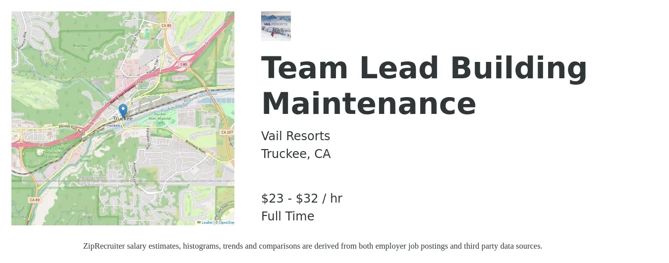 Vail Resorts job posting for a Team Lead Building Maintenance in Truckee, CA with a salary of $24 to $34 Hourly with a map of Truckee location.