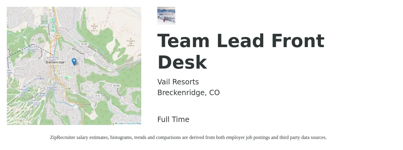 Vail Resorts job posting for a Team Lead Front Desk in Breckenridge, CO with a salary of $22 to $26 Hourly with a map of Breckenridge location.