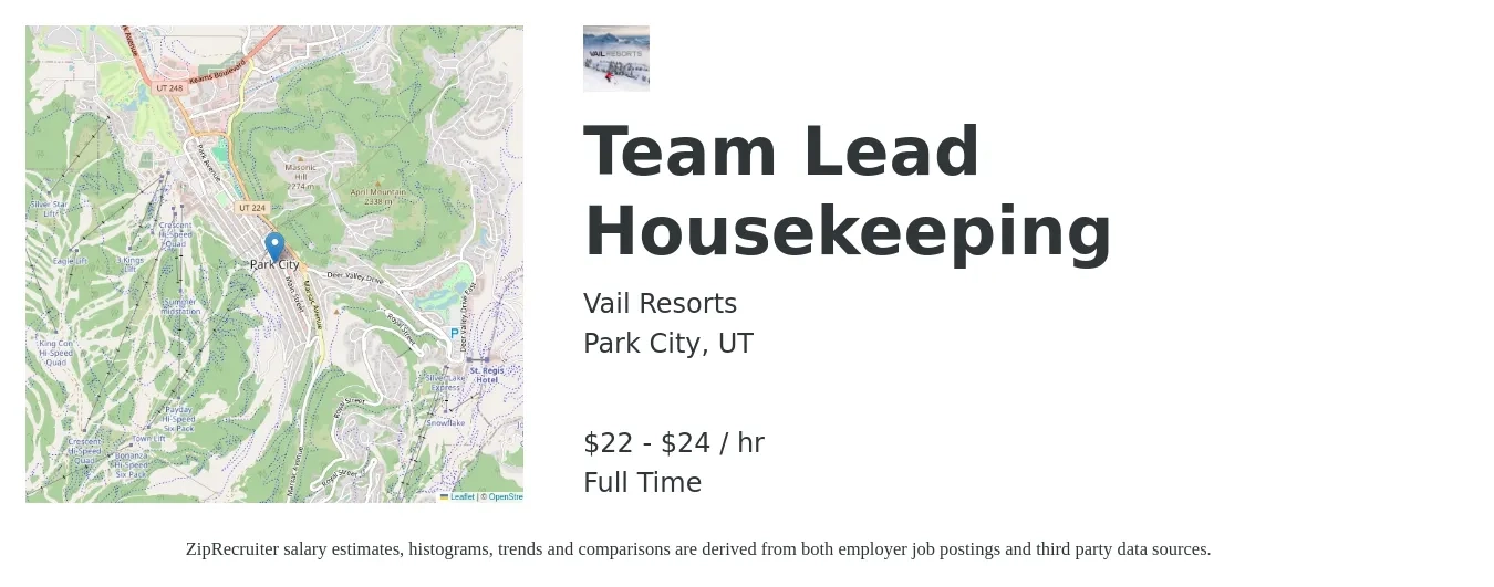 Vail Resorts job posting for a Team Lead Housekeeping in Park City, UT with a salary of $23 to $26 Hourly with a map of Park City location.