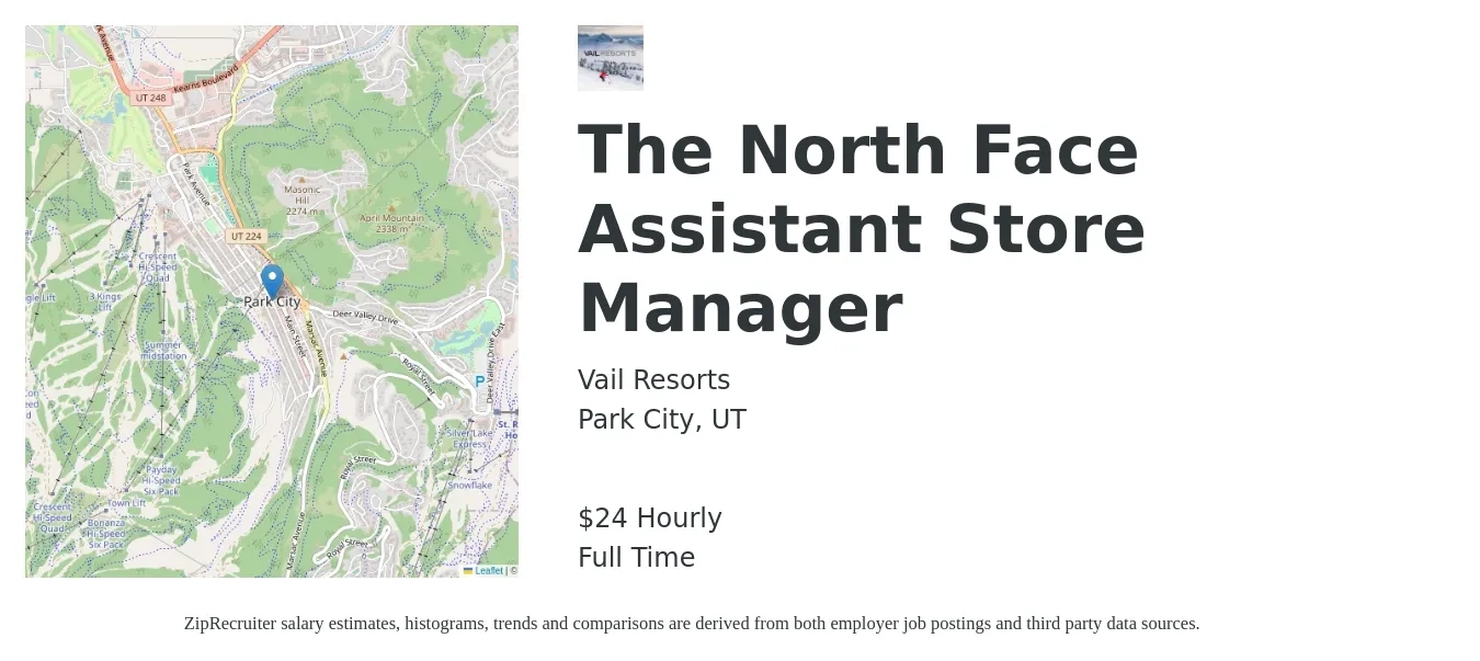 Vail Resorts job posting for a The North Face Assistant Store Manager in Park City, UT with a salary of $25 Hourly with a map of Park City location.