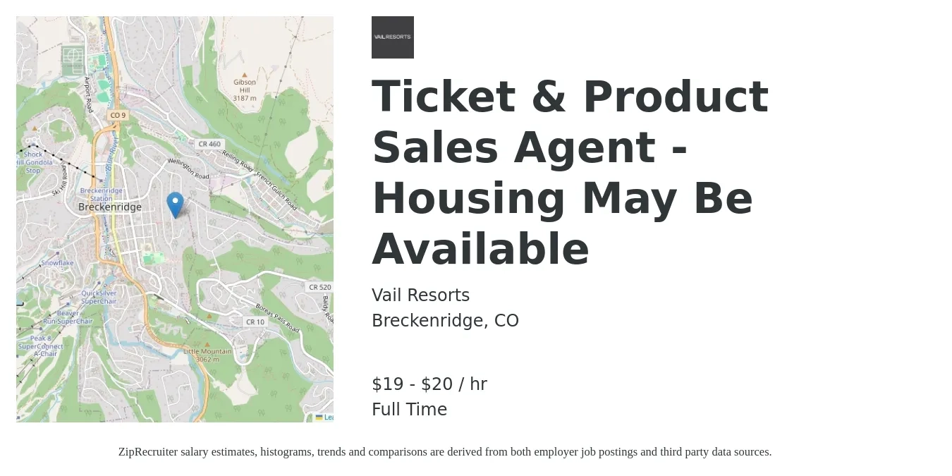 Vail Resorts job posting for a Ticket & Product Sales Agent - Housing May Be Available in Breckenridge, CO with a salary of $20 to $21 Hourly with a map of Breckenridge location.