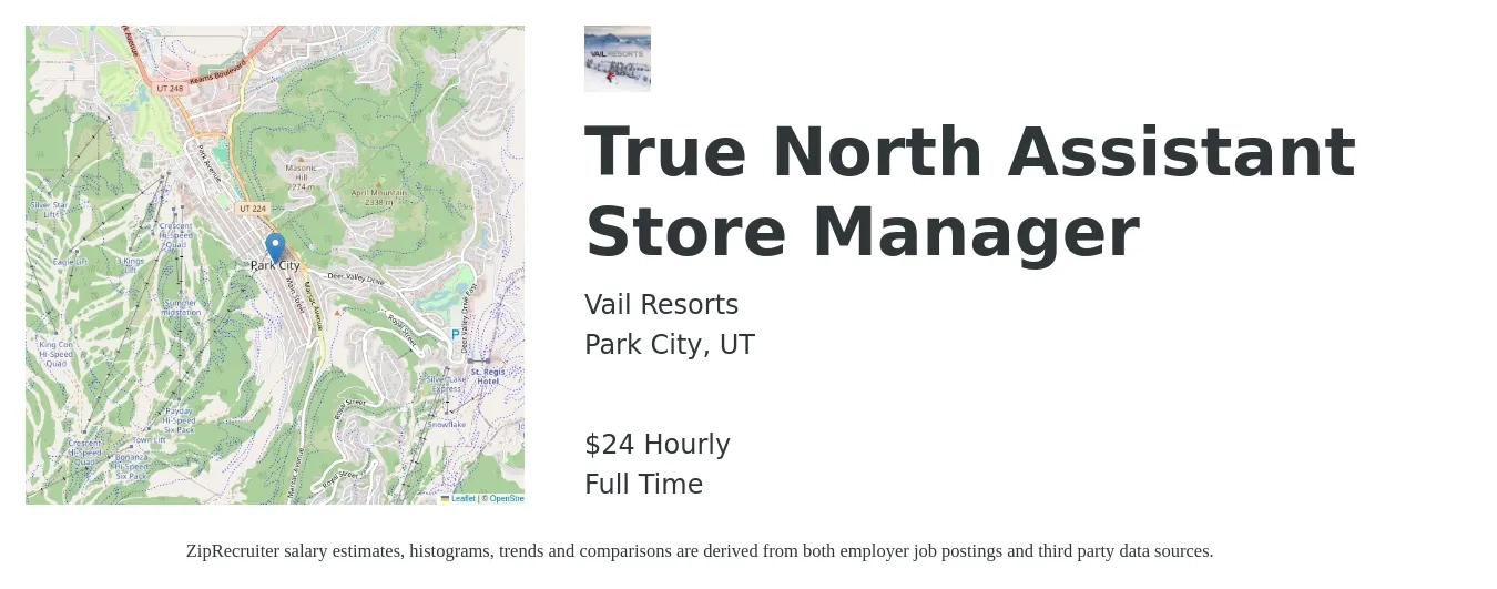 Vail Resorts job posting for a True North Assistant Store Manager in Park City, UT with a salary of $25 Hourly with a map of Park City location.