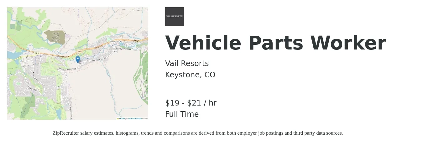 Vail Resorts job posting for a Vehicle Parts Worker in Keystone, CO with a salary of $20 to $23 Hourly with a map of Keystone location.