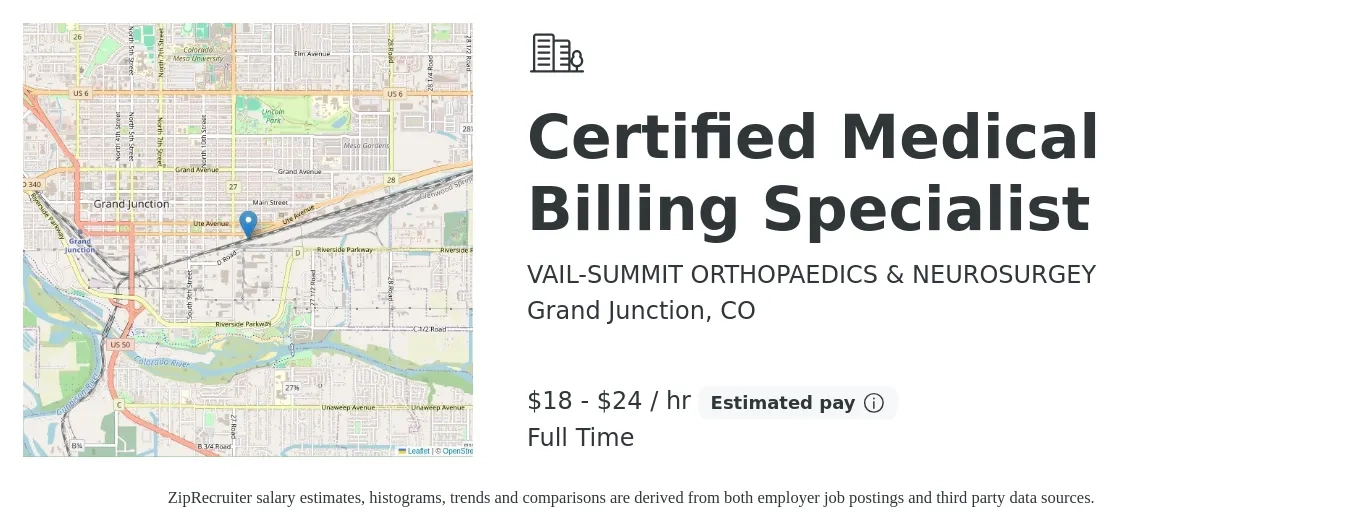 VAIL-SUMMIT ORTHOPAEDICS & NEUROSURGEY job posting for a Certified Medical Billing Specialist in Grand Junction, CO with a salary of $20 to $25 Hourly with a map of Grand Junction location.