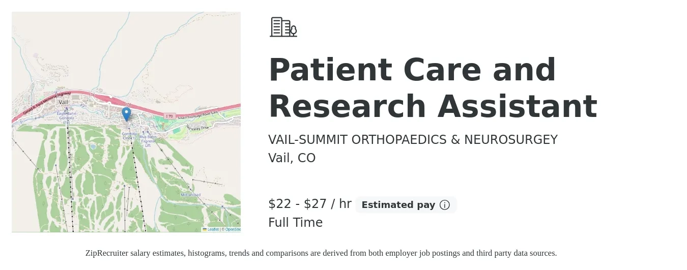 VAIL-SUMMIT ORTHOPAEDICS & NEUROSURGEY job posting for a Patient Care and Research Assistant in Vail, CO with a salary of $23 to $29 Hourly with a map of Vail location.