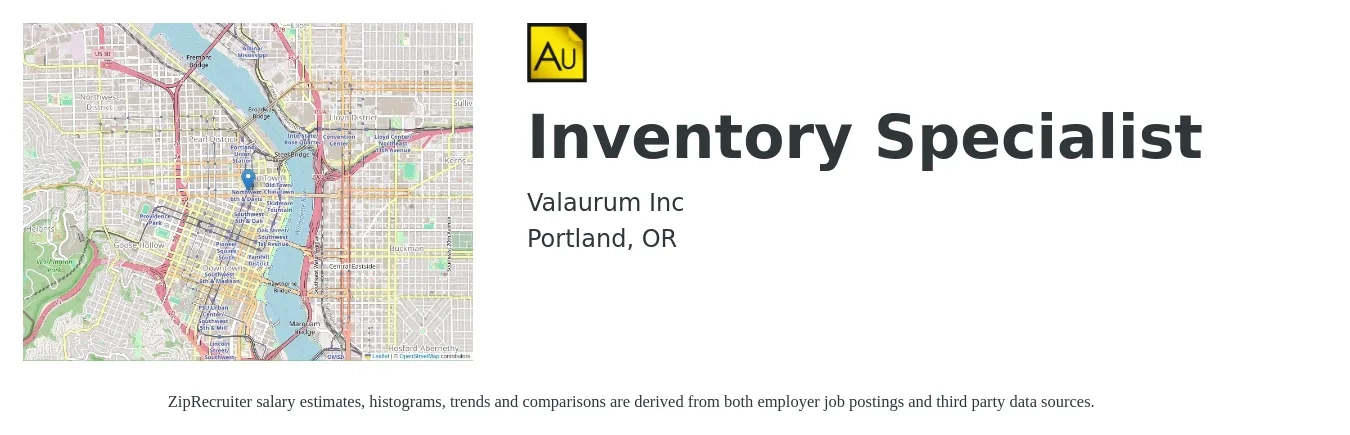 Valaurum Inc job posting for a Inventory Specialist in Portland, OR with a salary of $24 to $26 Hourly with a map of Portland location.