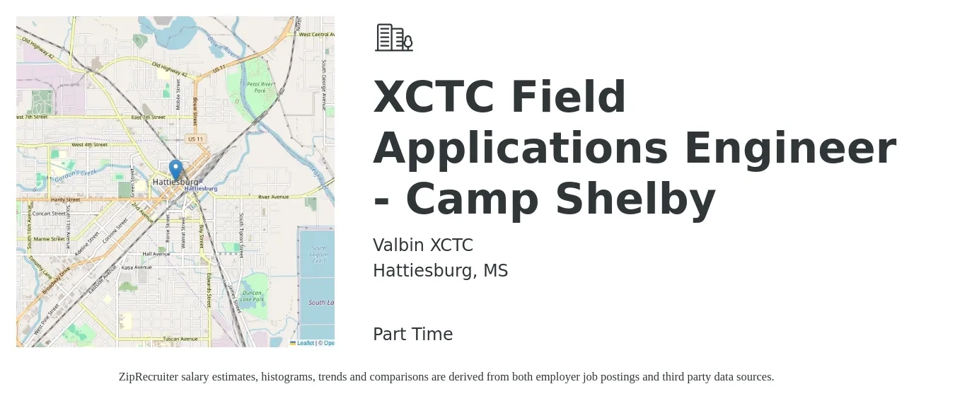 Valbin XCTC job posting for a XCTC Field Applications Engineer - Camp Shelby in Hattiesburg, MS with a salary of $68,400 to $107,800 Yearly with a map of Hattiesburg location.