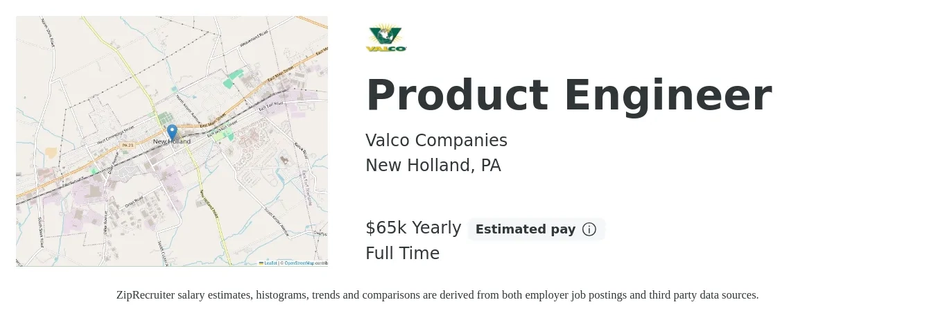 Valco Companies job posting for a Product Engineer in New Holland, PA with a salary of $65,000 Yearly with a map of New Holland location.