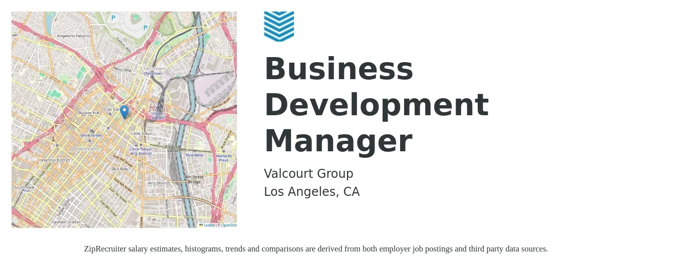 Valcourt Group job posting for a Business Development Manager in Los Angeles, CA with a salary of $65,700 to $107,800 Yearly with a map of Los Angeles location.