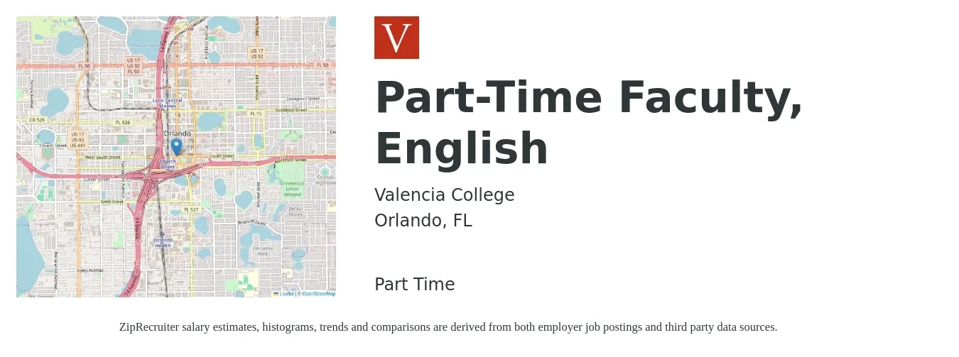 Valencia College job posting for a Part-Time Faculty, English in Orlando, FL with a salary of $27 to $65 Hourly and benefits including retirement, and life_insurance with a map of Orlando location.