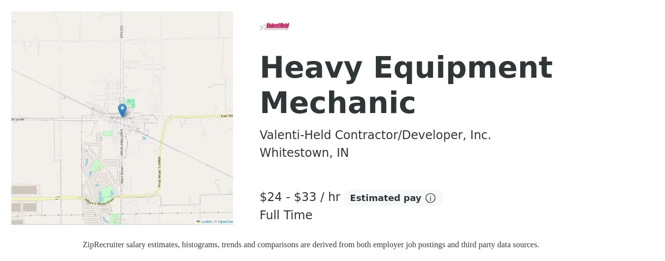 Valenti-Held Contractor/Developer, Inc. job posting for a Heavy Equipment Mechanic in Whitestown, IN with a salary of $25 to $35 Hourly with a map of Whitestown location.