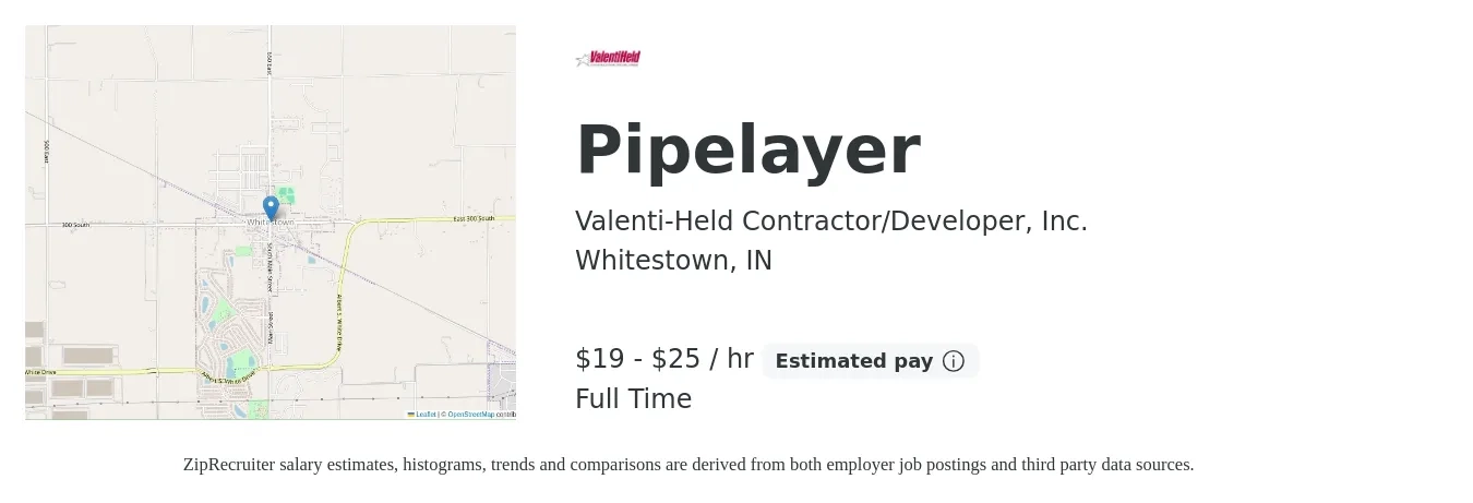 Valenti-Held Contractor/Developer, Inc. job posting for a Pipelayer in Whitestown, IN with a salary of $20 to $26 Hourly with a map of Whitestown location.