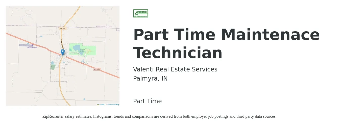 Valenti Real Estate Services job posting for a Part Time Maintenace Technician in Palmyra, IN with a salary of $18 to $26 Hourly with a map of Palmyra location.
