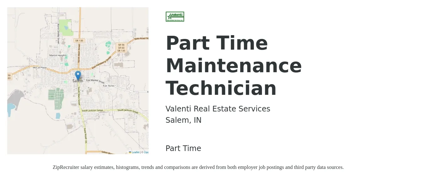 Valenti Real Estate Services job posting for a Part Time Maintenance Technician in Salem, IN with a salary of $16 to $23 Hourly with a map of Salem location.