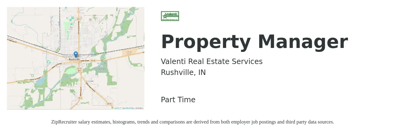 Valenti Real Estate Services job posting for a Property Manager in Rushville, IN with a salary of $17 to $19 Hourly with a map of Rushville location.