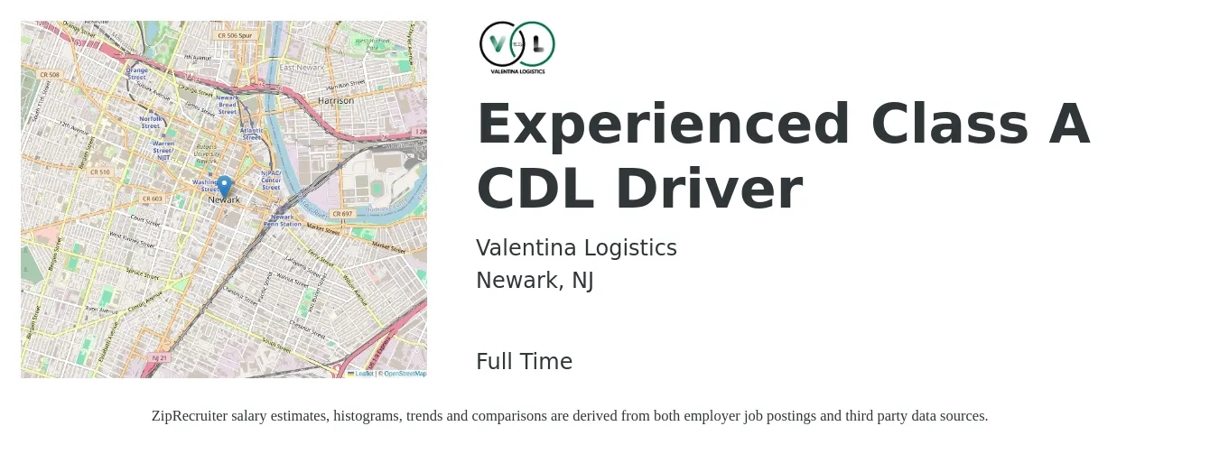 Valentina Logistics job posting for a Experienced Class A CDL Driver in Newark, NJ with a salary of $1,500 to $2,300 Weekly (plus commission) with a map of Newark location.