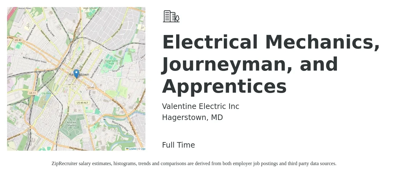 Valentine Electric Inc job posting for a Electrical Mechanics, Journeyman, and Apprentices in Hagerstown, MD with a salary of $23 to $32 Hourly with a map of Hagerstown location.