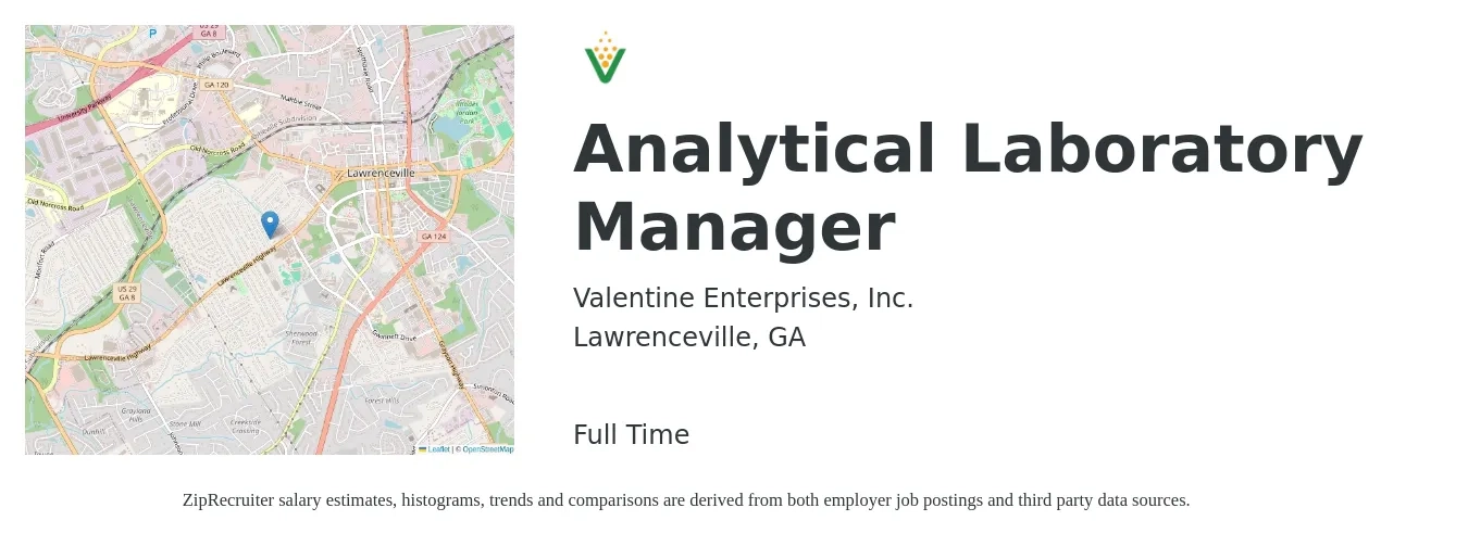 Valentine Enterprises, Inc. job posting for a Analytical Laboratory Manager in Lawrenceville, GA with a salary of $60,500 to $95,900 Yearly with a map of Lawrenceville location.