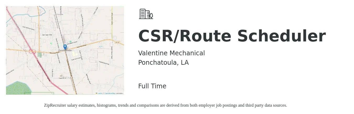 Valentine Mechanical job posting for a CSR/Route Scheduler in Ponchatoula, LA with a salary of $13 to $17 Hourly with a map of Ponchatoula location.