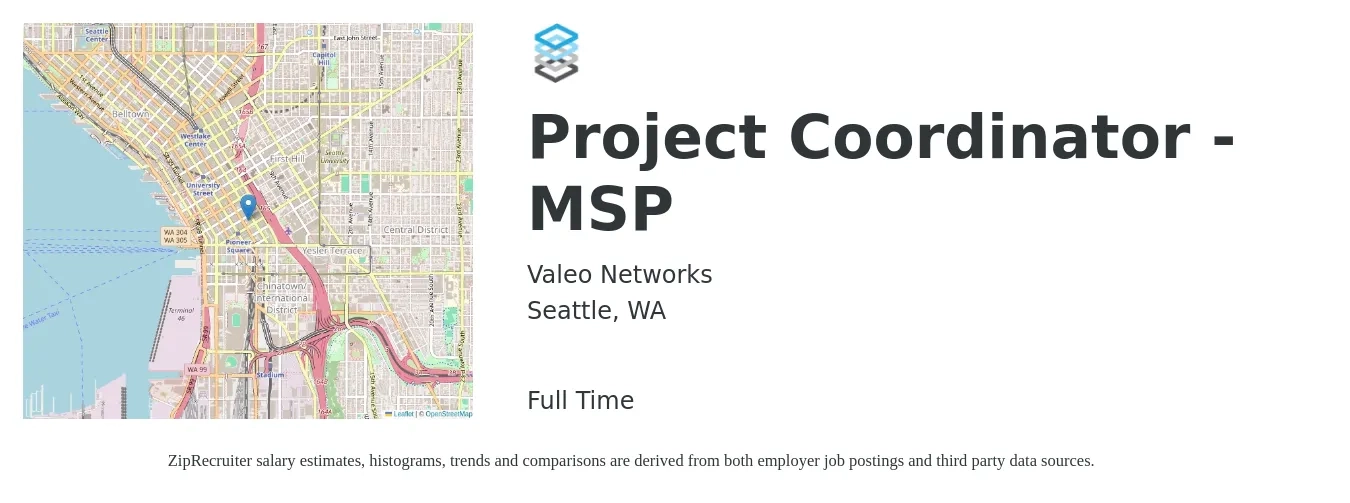 Valeo Networks job posting for a Project Coordinator - MSP in Seattle, WA with a salary of $65,000 to $75,000 Yearly with a map of Seattle location.