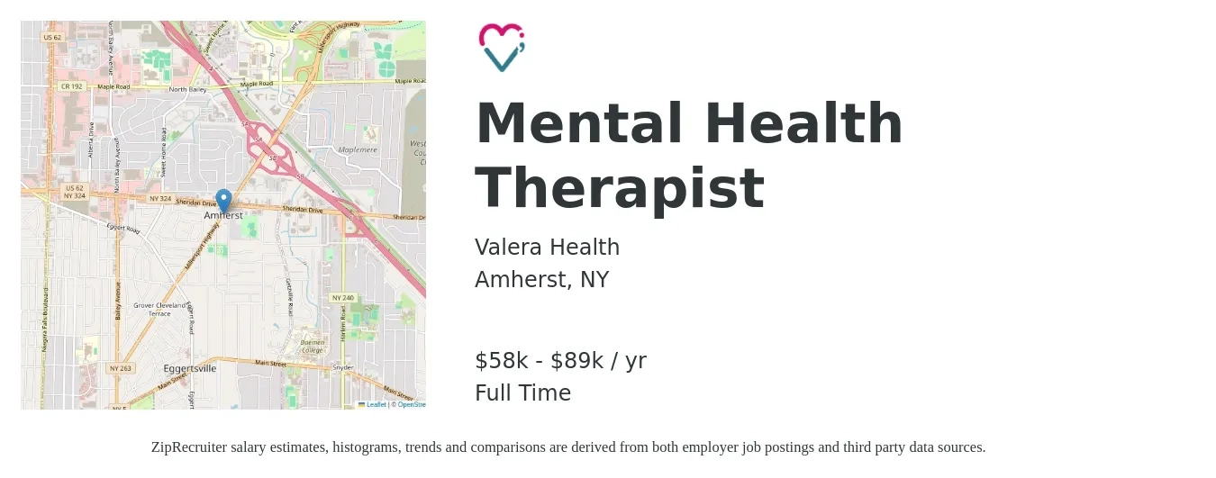 Valera Health job posting for a Mental Health Therapist in Amherst, NY with a salary of $58,000 to $89,000 Yearly with a map of Amherst location.