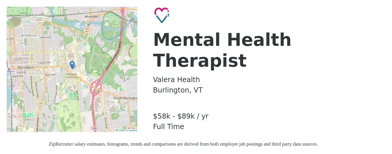 Valera Health job posting for a Mental Health Therapist in Burlington, VT with a salary of $58,000 to $89,000 Yearly with a map of Burlington location.