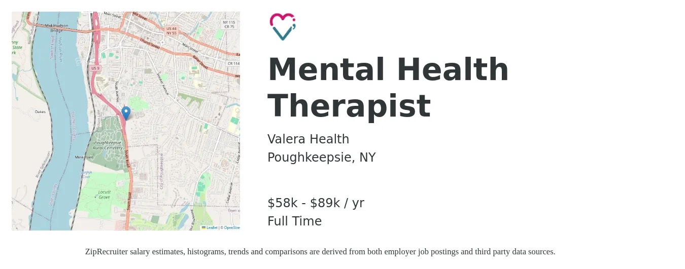 Valera Health job posting for a Mental Health Therapist in Poughkeepsie, NY with a salary of $58,000 to $89,000 Yearly with a map of Poughkeepsie location.