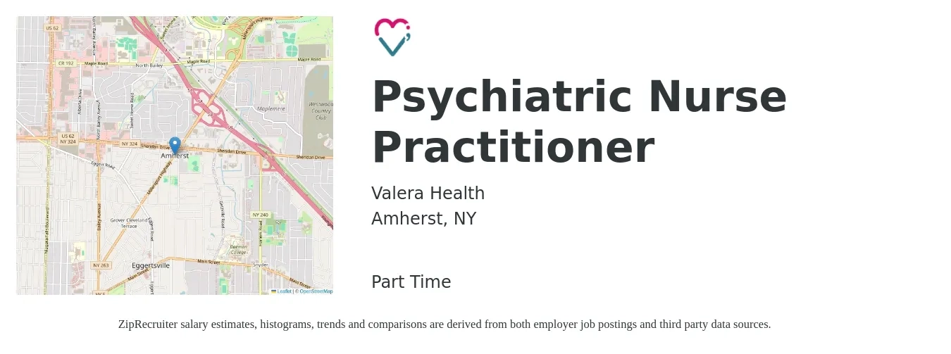 Valera Health job posting for a Psychiatric Nurse Practitioner in Amherst, NY with a salary of $111,000 to $141,900 Yearly with a map of Amherst location.